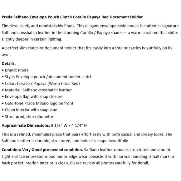 Prada Saffiano Envelope Pouch Clutch Corallo Papaya Red Document Holder - Picture 2 of 10